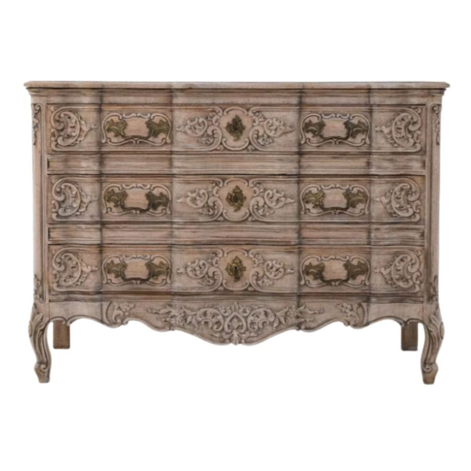 French Antique Ornate Bleached Oak Chest Of Drawers, Circa 1920
