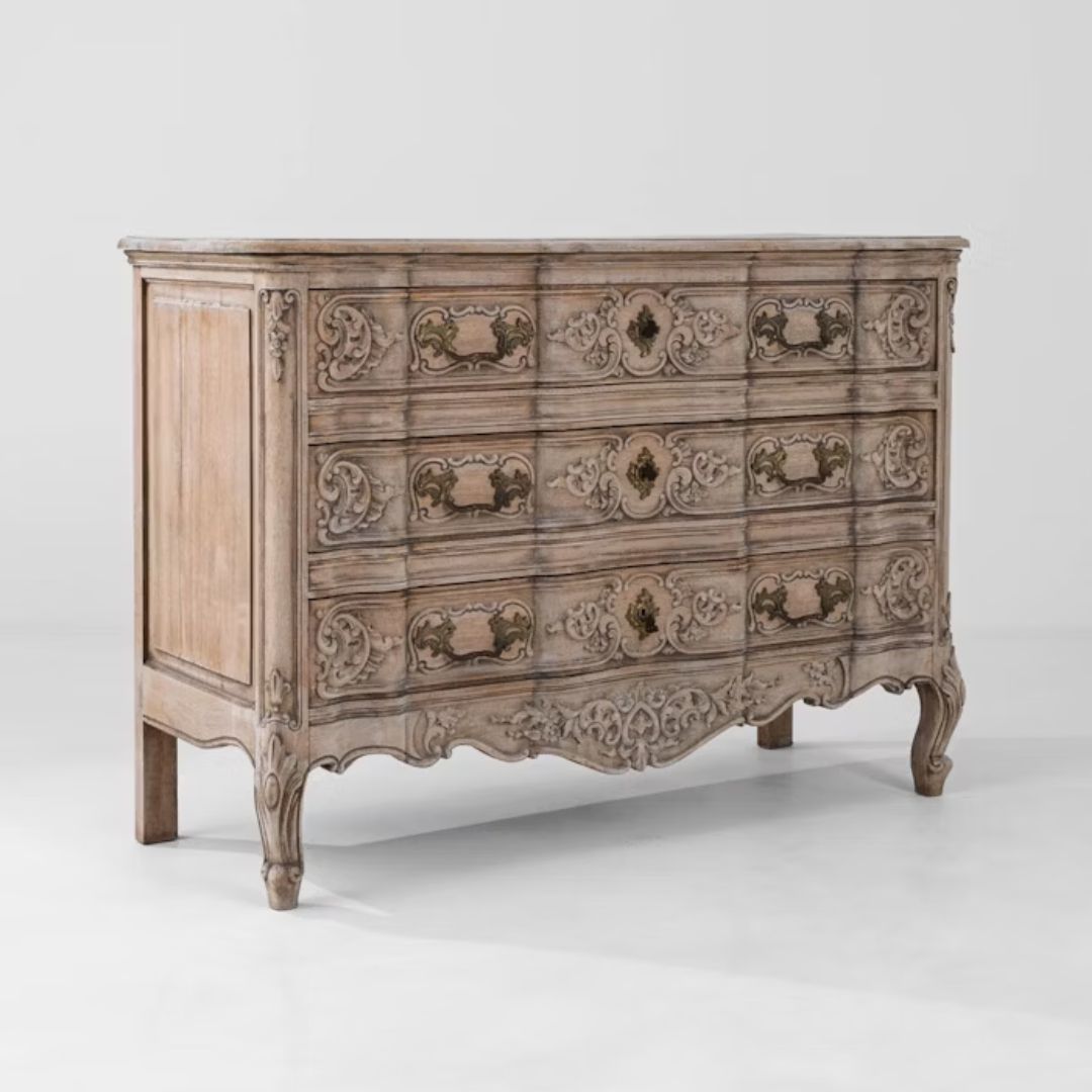 French Antique Ornate Bleached Oak Chest Of Drawers, Circa 1920