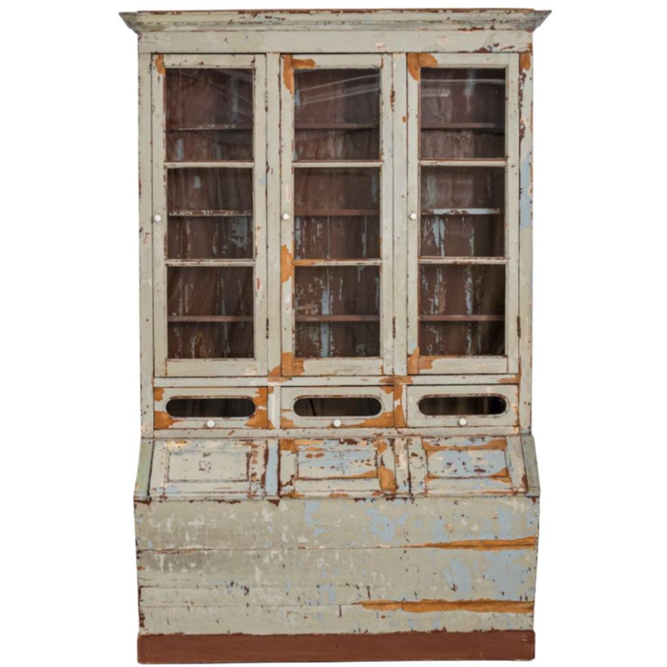 Antique Sage and Blue Farmhouse Vitrine Cabinet, Circa 1850