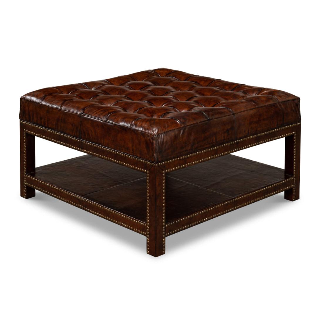 Brown Leather Tufted Ottoman