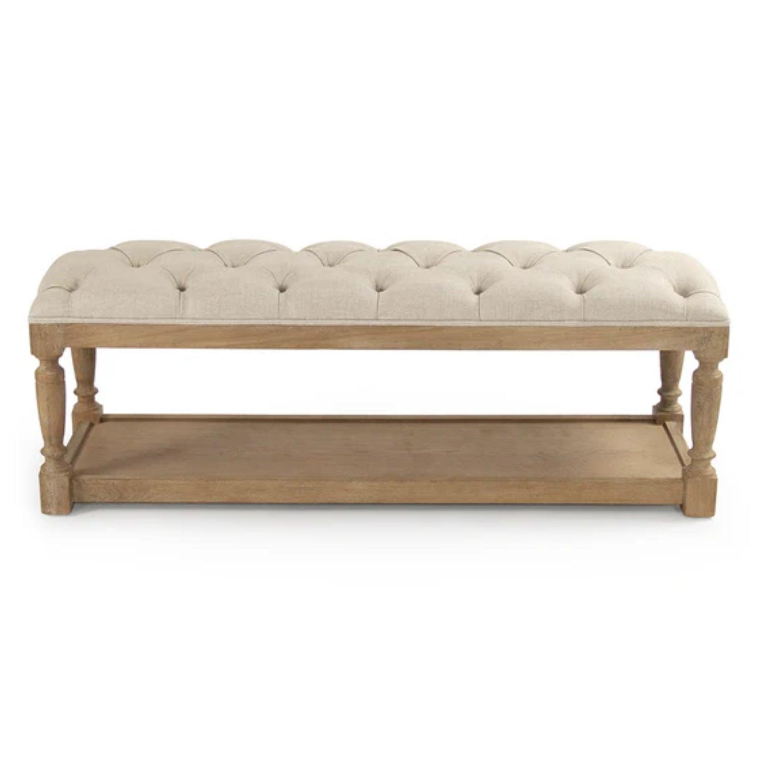 Antique Natural Linen Tufted Bench