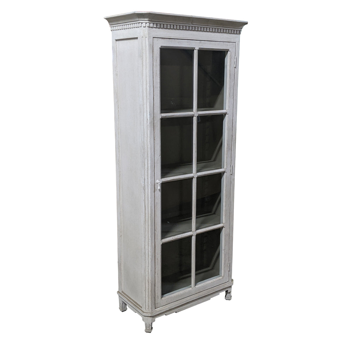 Antiqued White Glass Door Cabinet