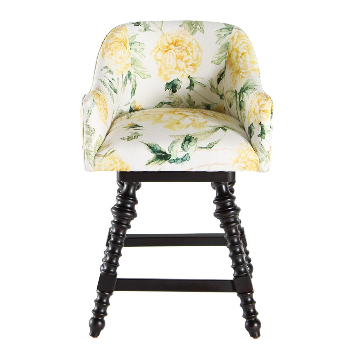 Yellow Floral Upholstered Swivel Stool