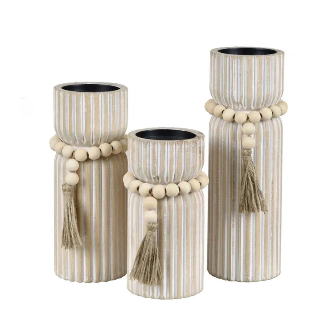 Natural Boho Wooden Candle Holders -  Set of 3