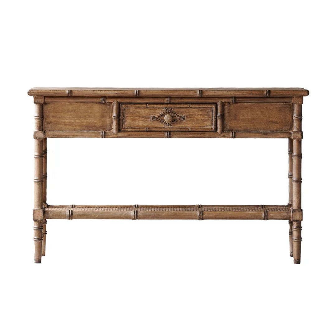 Distressed Natural Finish Faux Bamboo Console Table