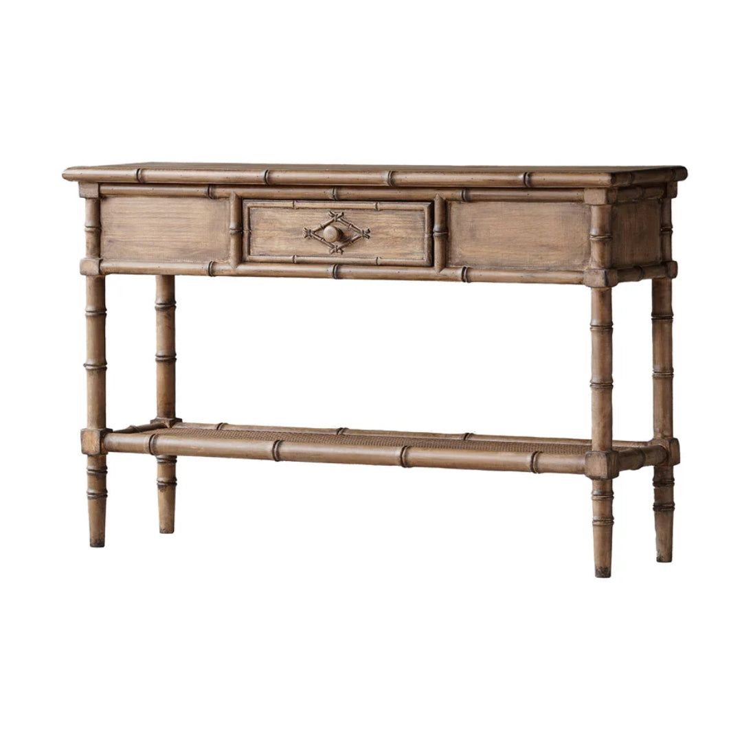 Distressed Natural Finish Faux Bamboo Console Table