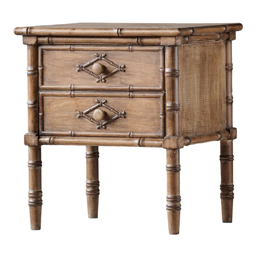 Distressed Natural Finish Faux Bamboo Nightstand Table