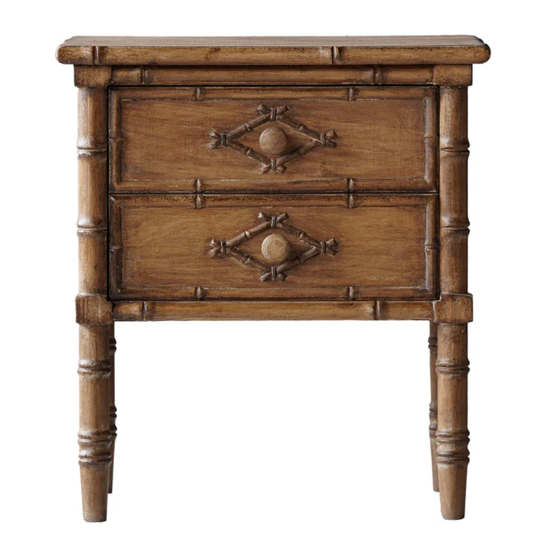 Distressed Natural Finish Faux Bamboo Nightstand Table