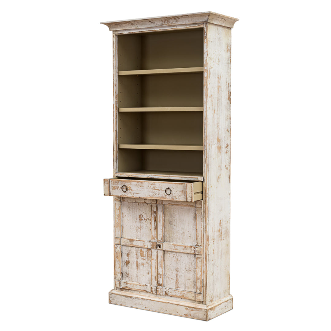  Distressed White Open Shelf with Doors Bookcase