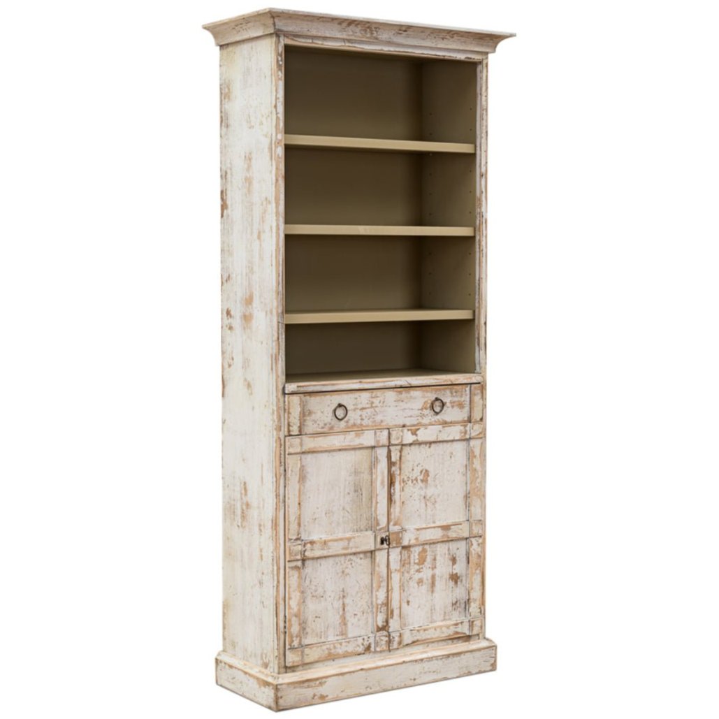  Distressed White Open Shelf with Doors Bookcase