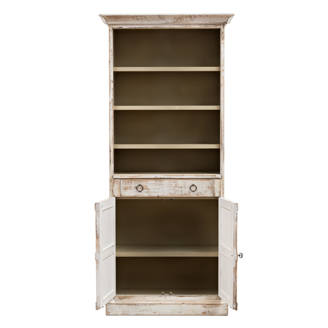  Distressed White Open Shelf with Doors Bookcase