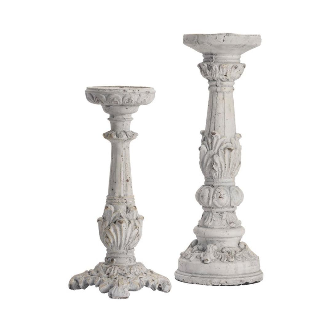 Distressed White Ornate Candle Holders -  Set of Two