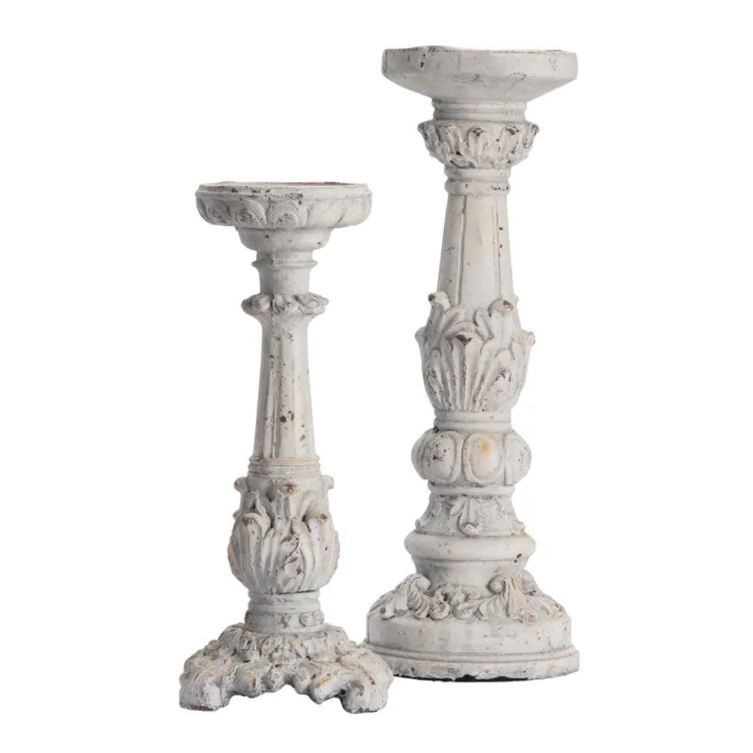 Distressed White Ornate Candle Holders -  Set of Two