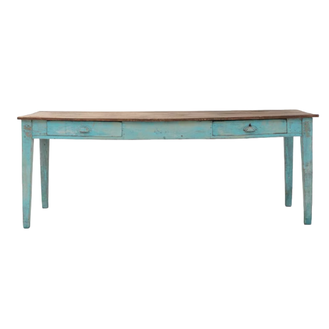 Distressed Teal Charm French Antique Dining Table, Circa 1910