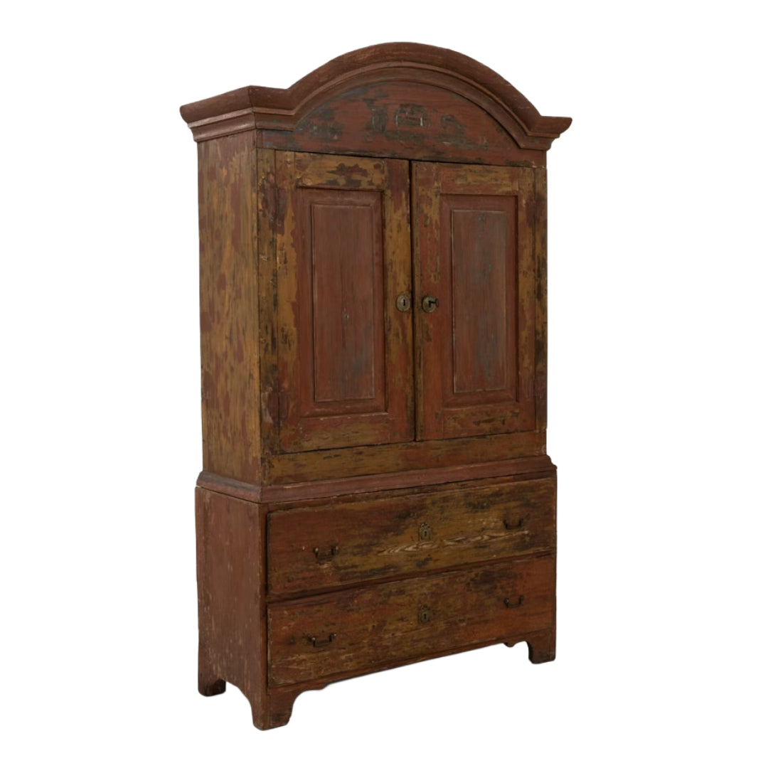 Antique Burgundy Wood Patinated Arched Cabinet, Circa 1825