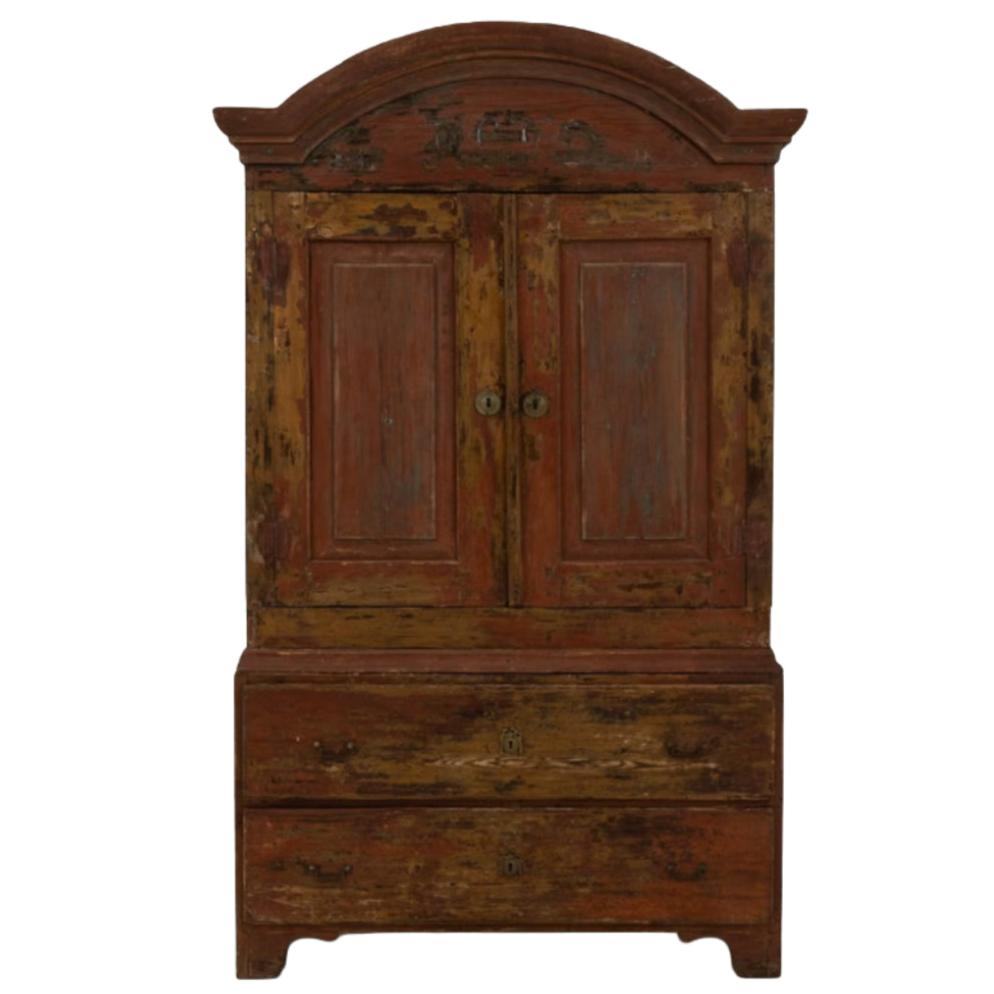 Antique Burgundy Wood Patinated Arched Cabinet, Circa 1825