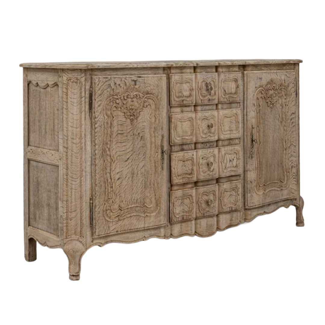 French Antique Bleached Oak Carved Buffet, Circa 1890