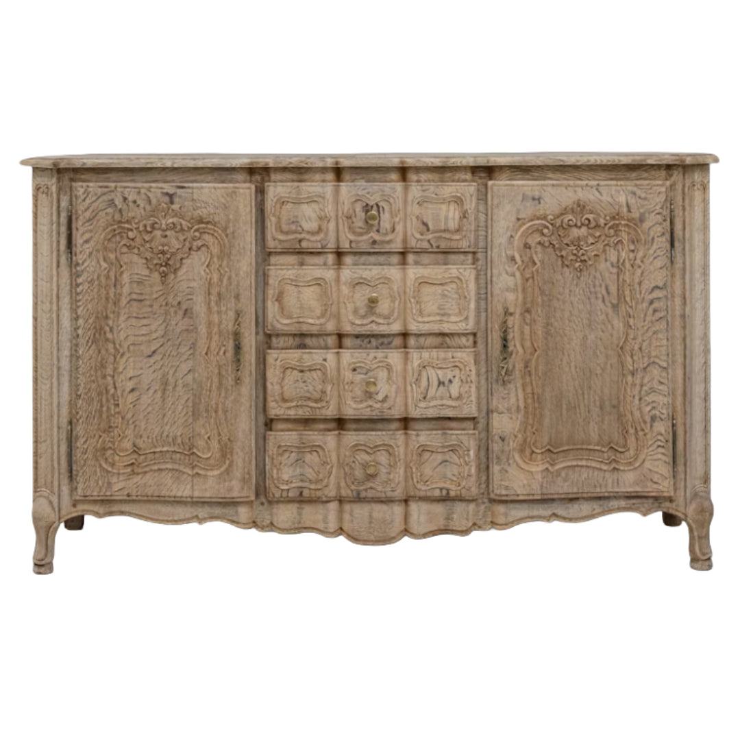 French Antique Bleached Oak Carved Buffet, Circa 1890