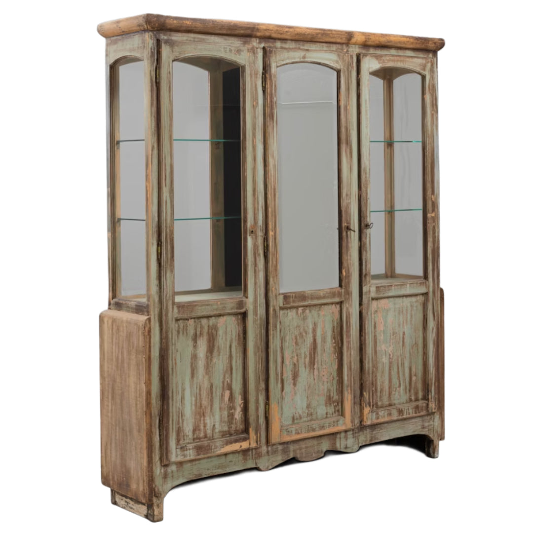 Sage Vintage French Glass and Wood Display Cabinet, Circa 1930