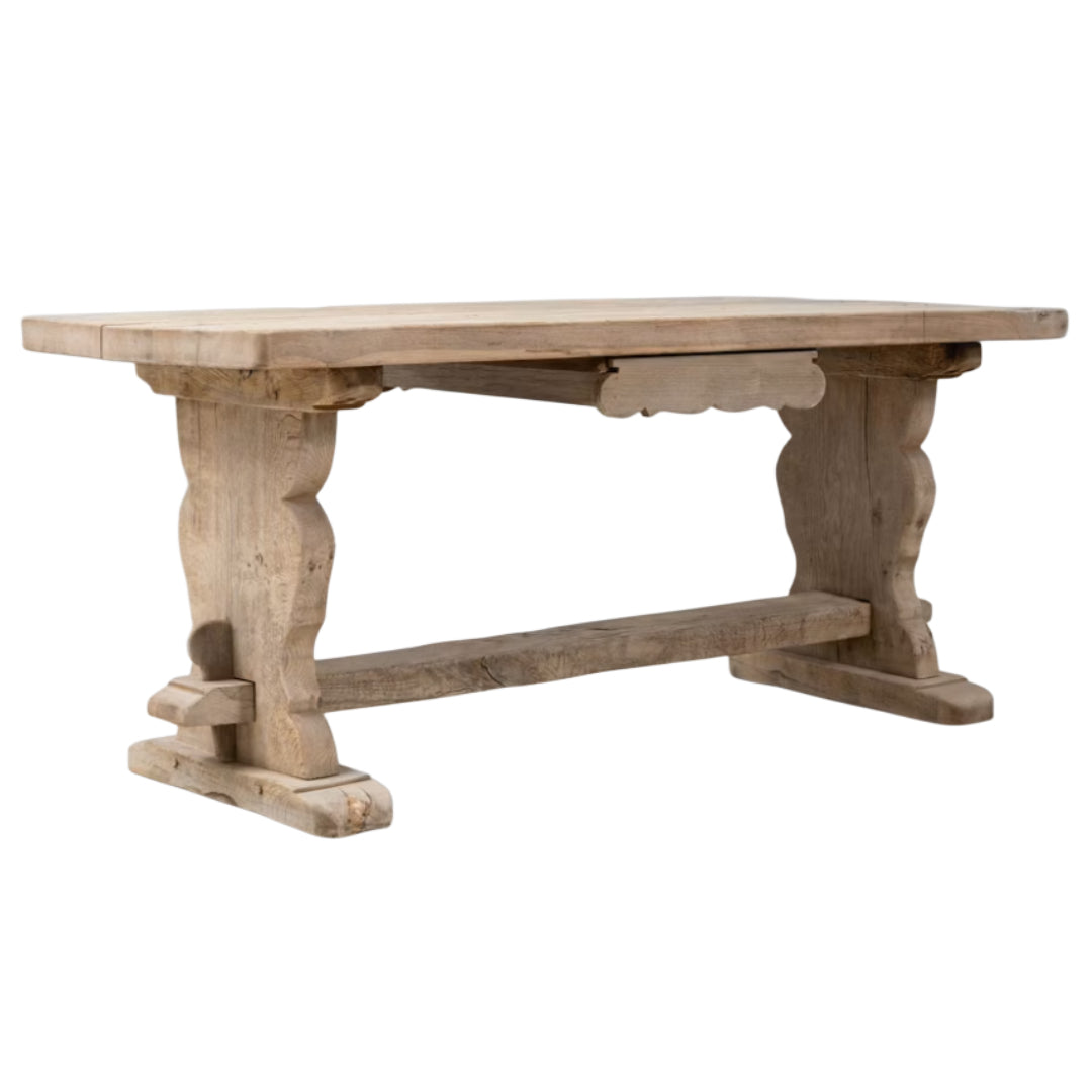 French Provincial Rustic Oak Trestle Dining Table, Circa 1940