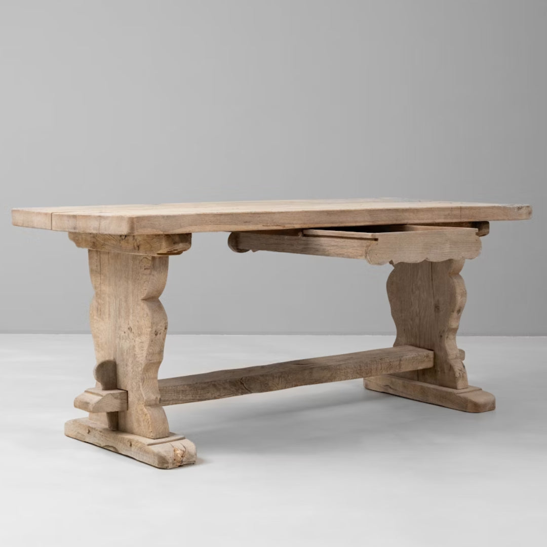 French Provincial Rustic Oak Trestle Dining Table, Circa 1940