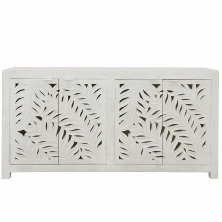 Elegant White Palm Carved Wooden Sideboard