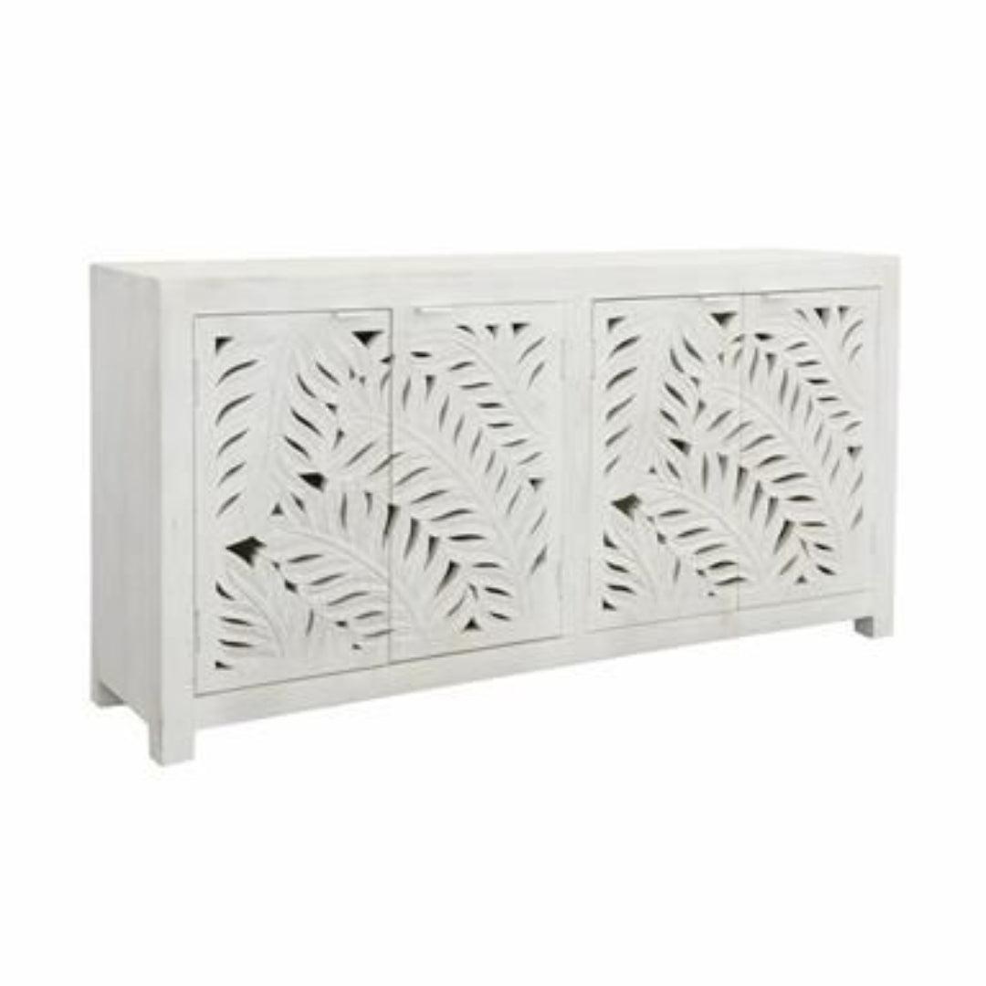 Elegant White Palm Carved Wooden Sideboard