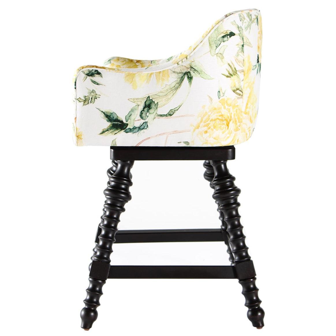 Yellow Floral Upholstered Swivel Stool