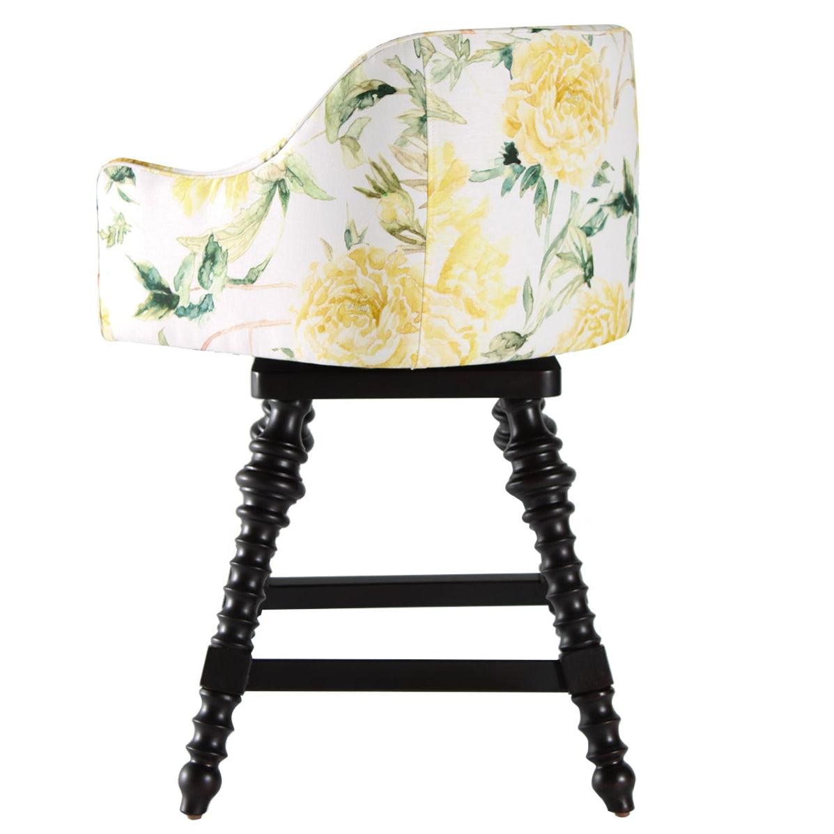 Yellow Floral Upholstered Swivel Stool