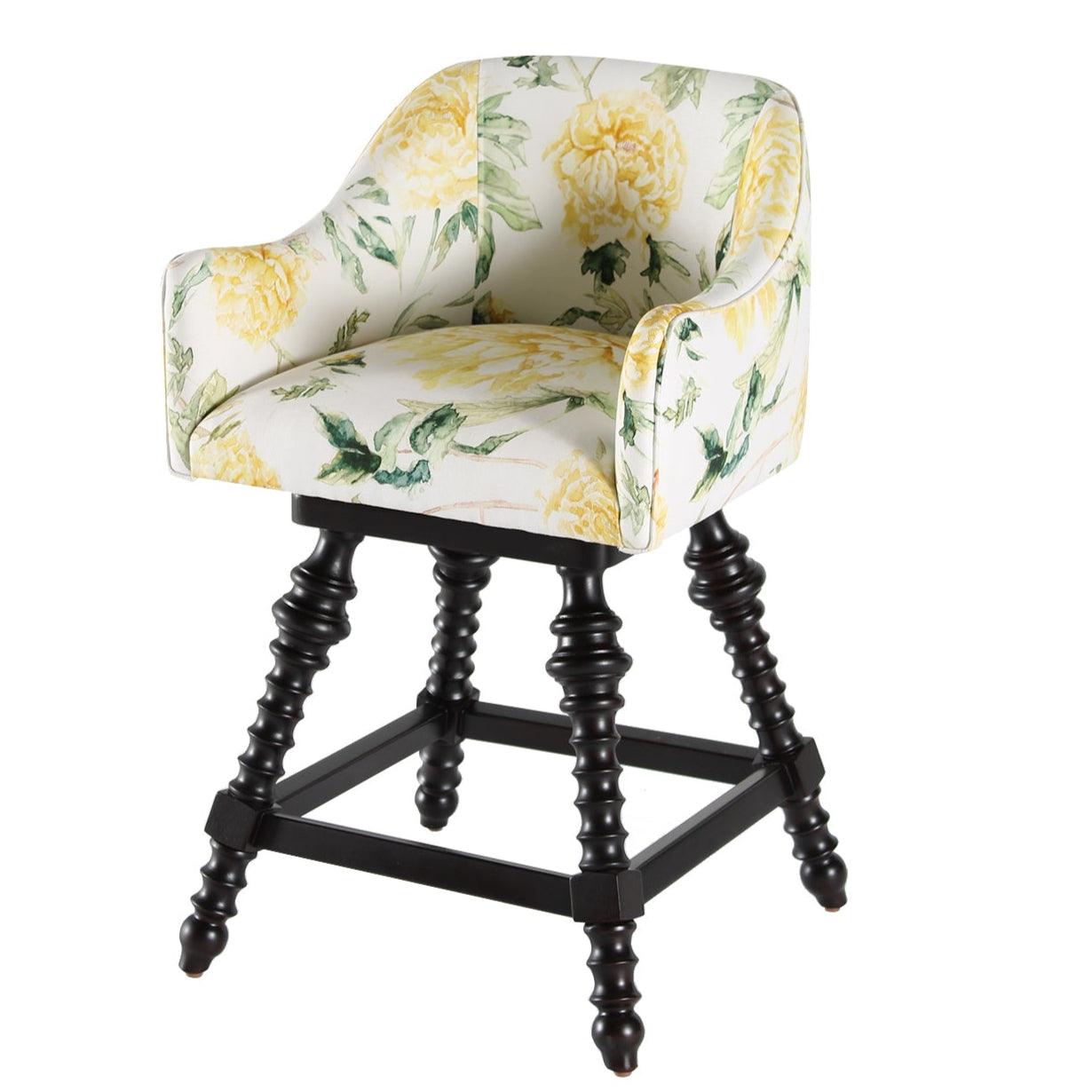 Yellow Floral Upholstered Swivel Stool