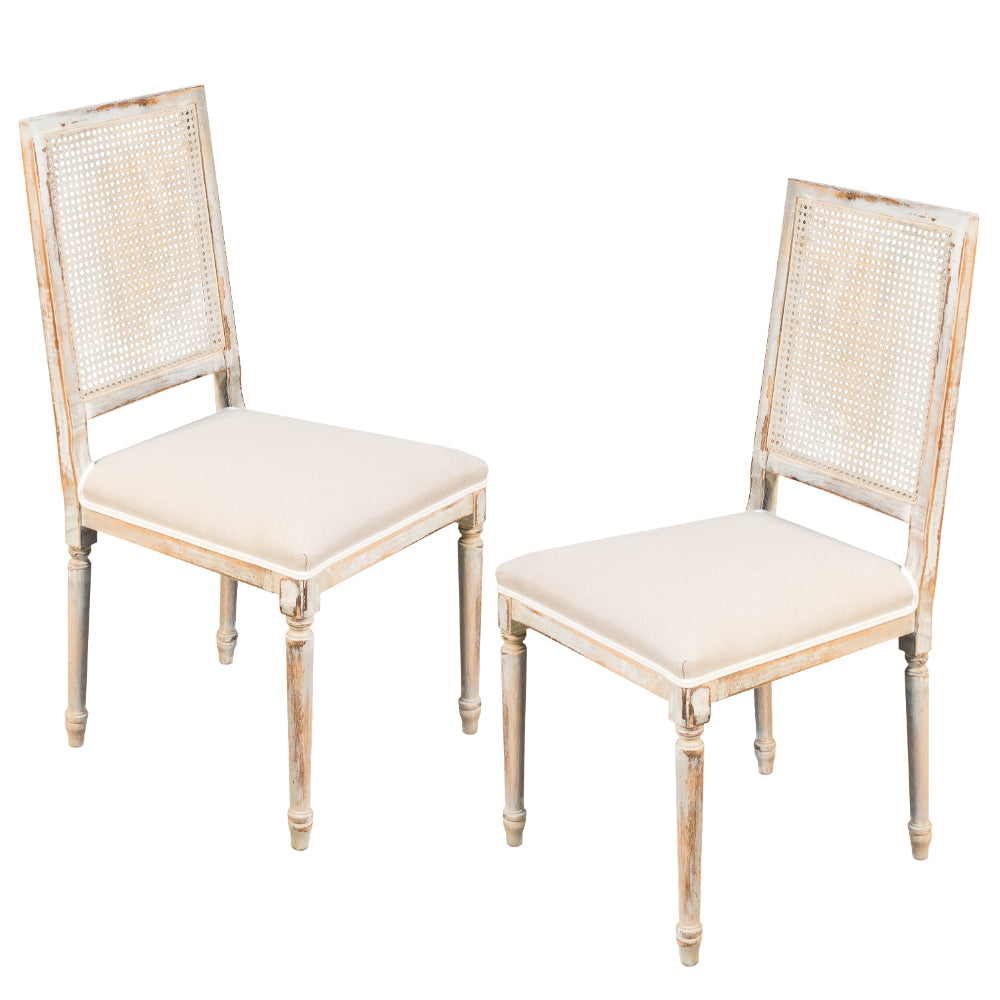 Distressed Cream and Gray Cane Dining Chairs - Set