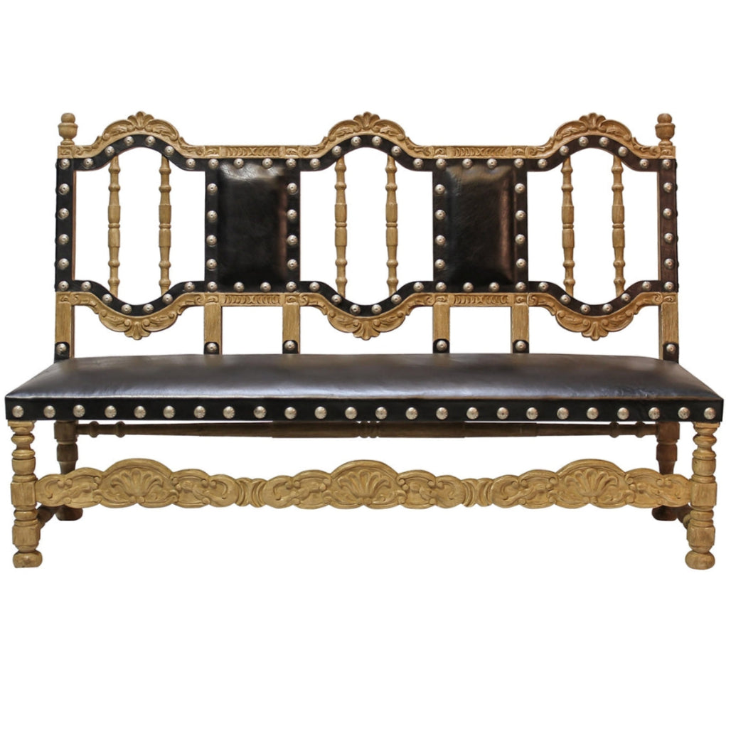 Nail Studded Leather Wood Bench