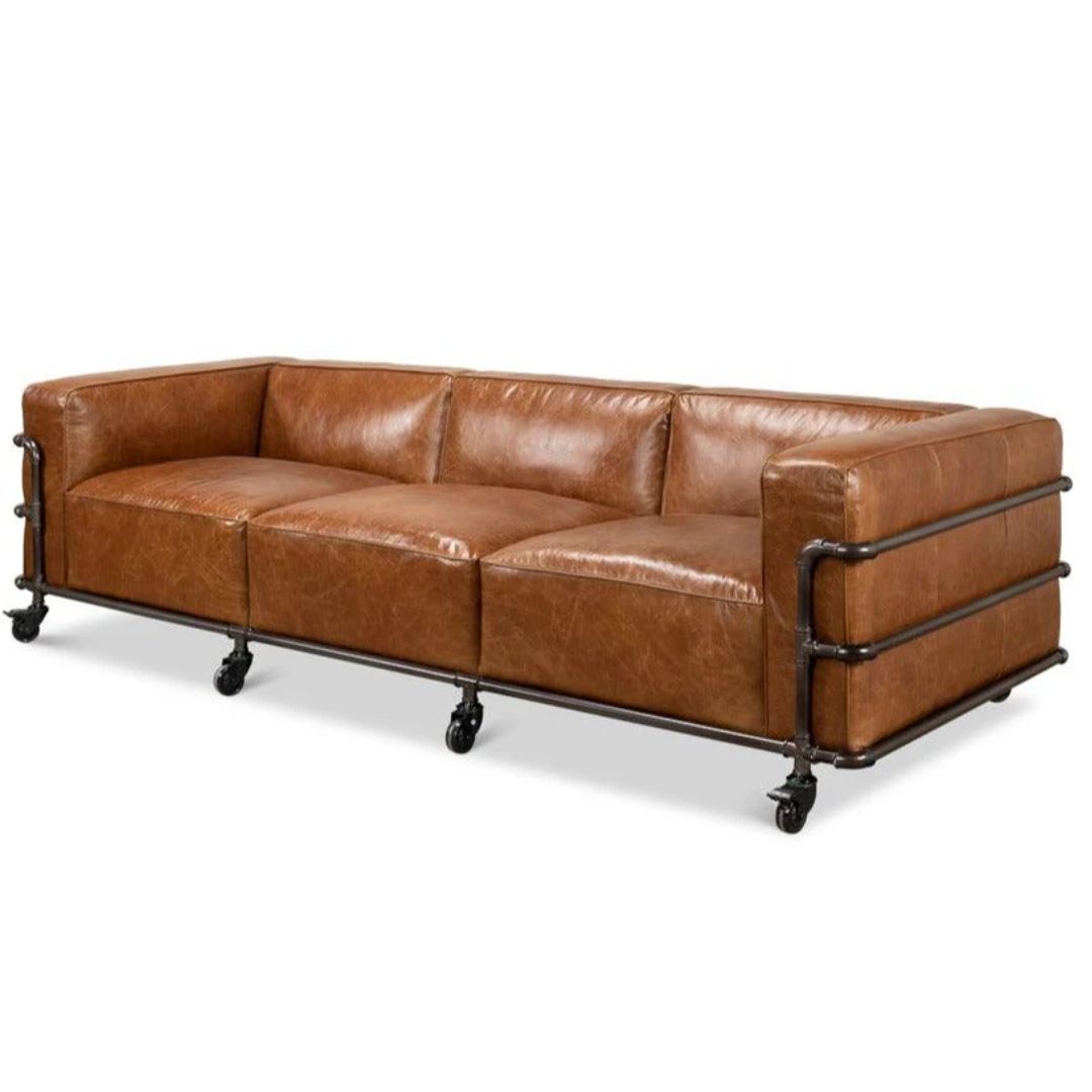 Brown Leather Industrial Iron Pipe Sofa