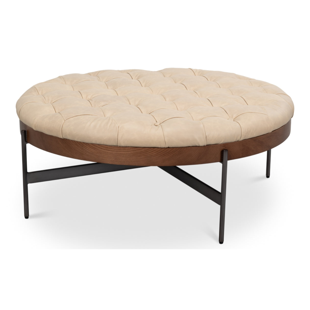 Rustic Top Grain Leather Tufted Ottoman