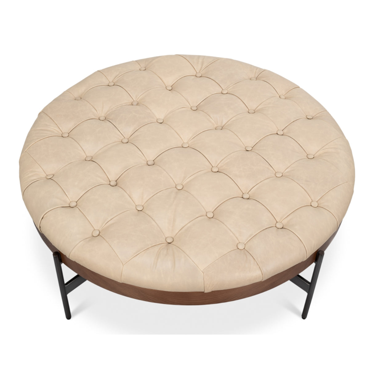 Rustic Top Grain Leather Tufted Ottoman