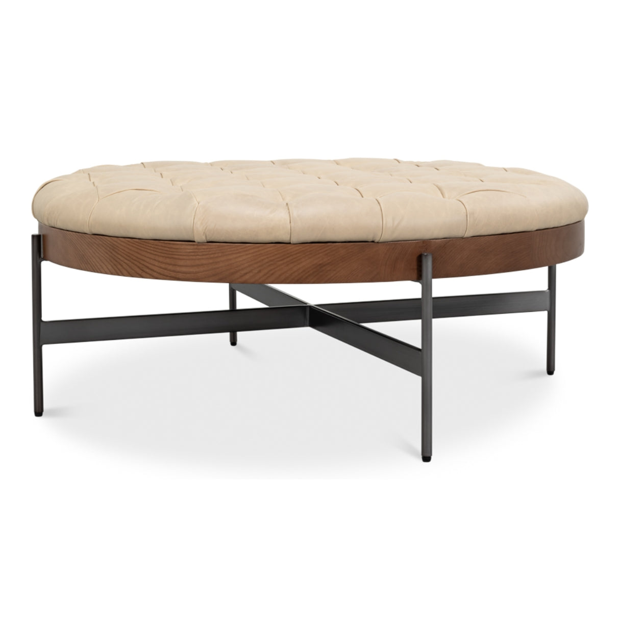 Rustic Top Grain Leather Tufted Ottoman