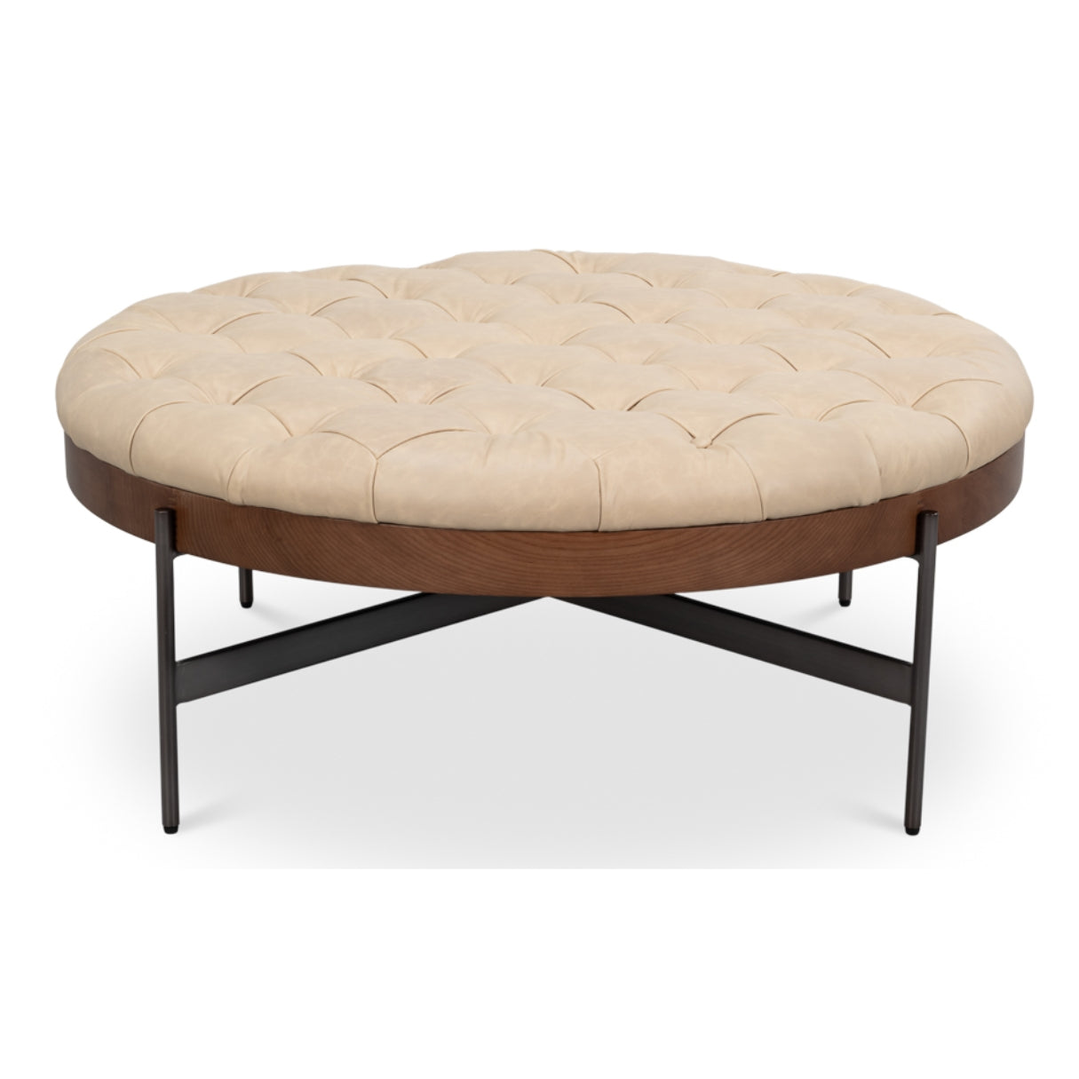 Rustic Top Grain Leather Tufted Ottoman