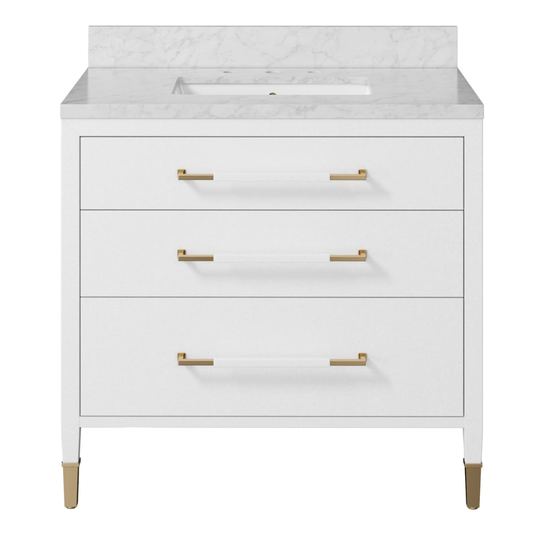 Contemporary White Vanity with Brass Pulls