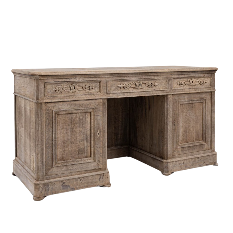 French Antique Ornate Bleached Oak Desk, Circa 1850
