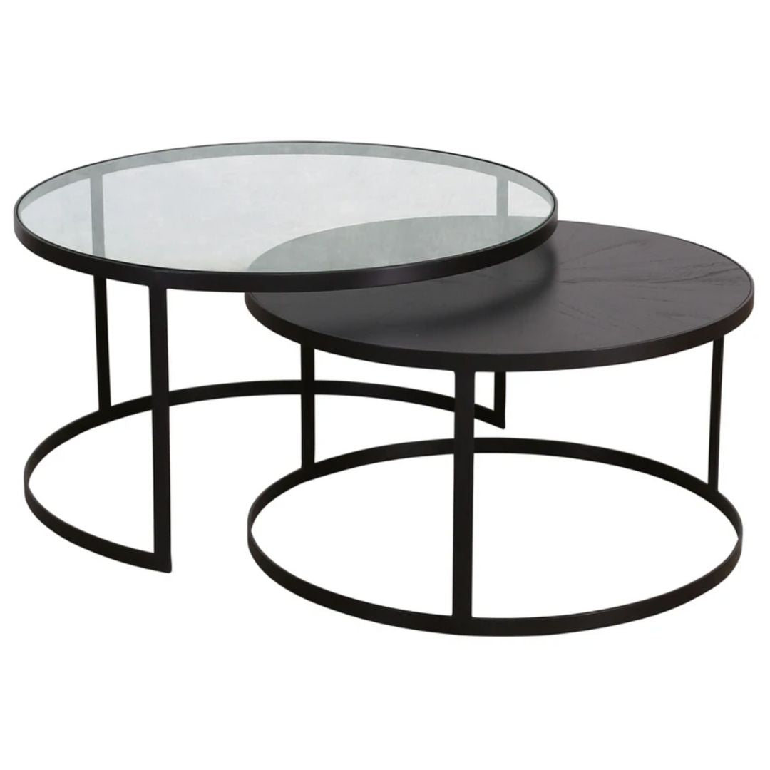 Black Glass and Wood Top Iron Nesting Tables