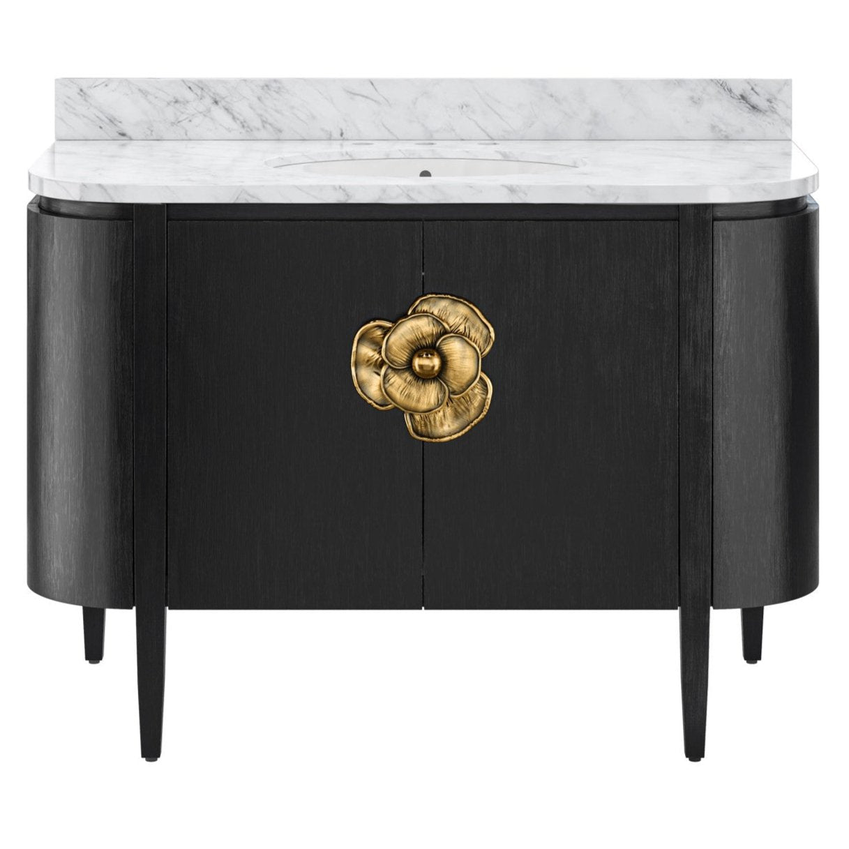 Brass Flower Black Marble Top Demilune Vanity