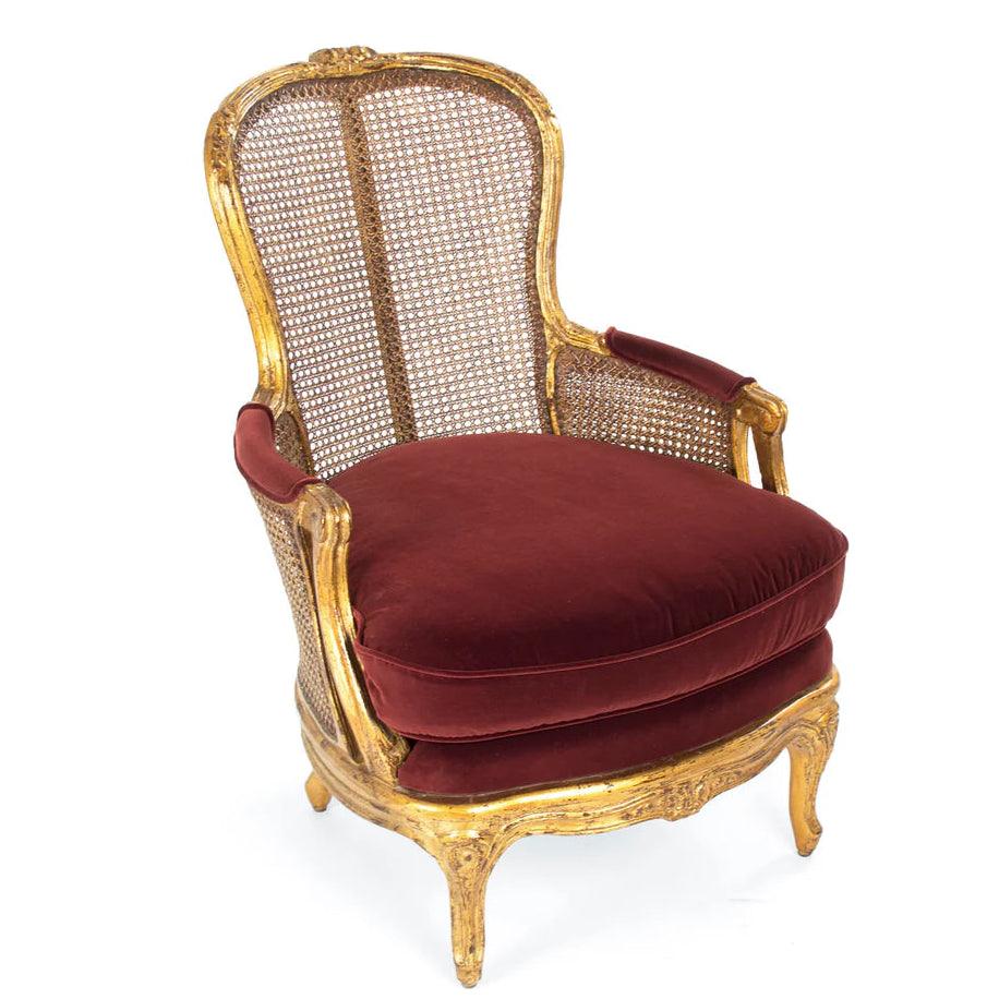 Luxurious French Gilded Cane Armchair with Red Velvet Cushion