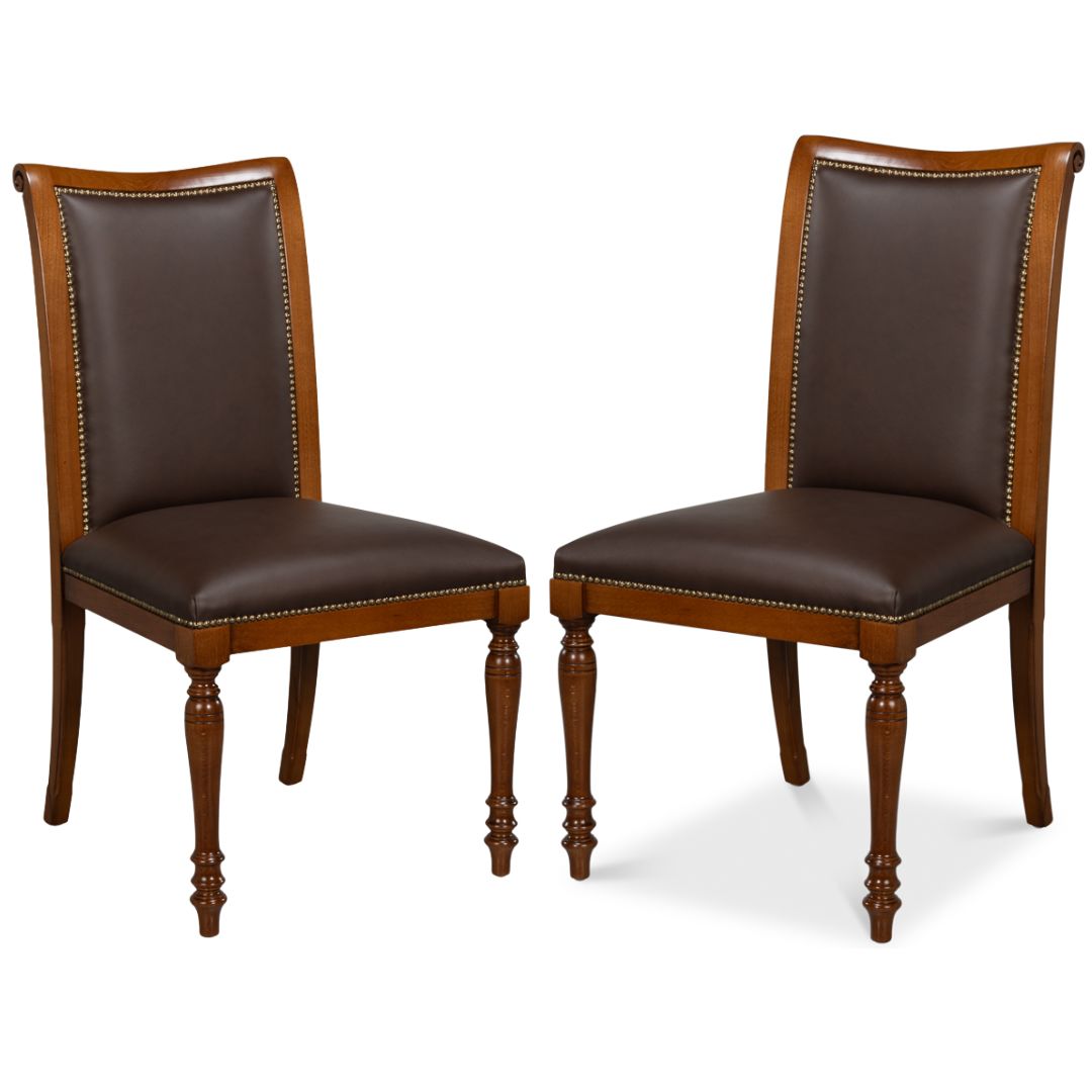 Old World Walnut Leather Dining Chairs - Pair