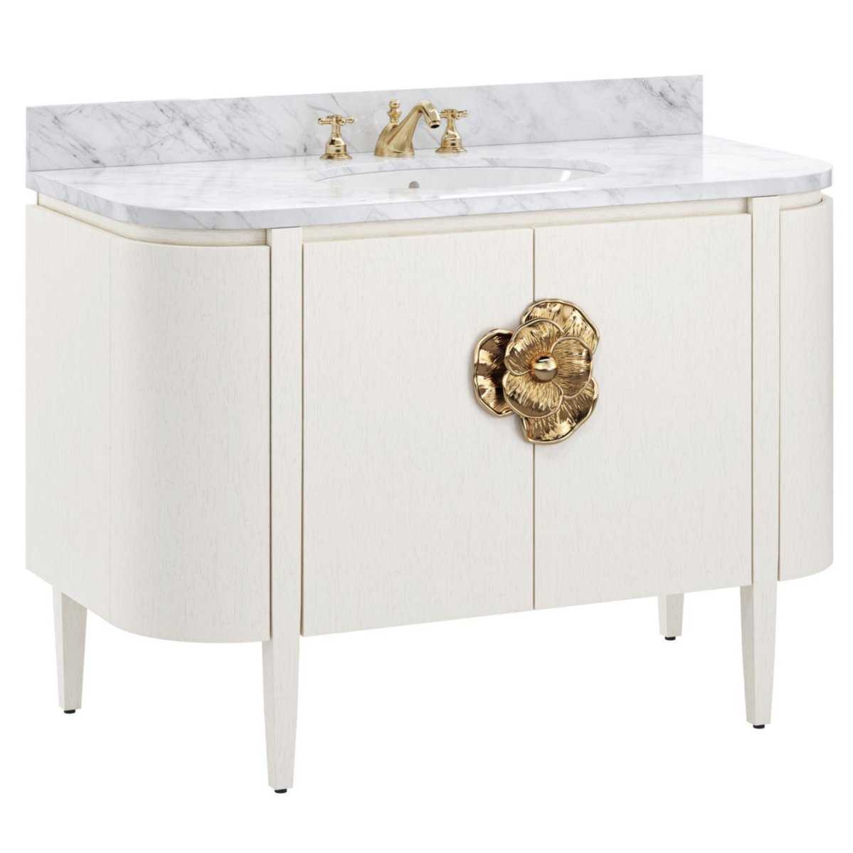 Brass Flower White Marble Top Demilune Vanity