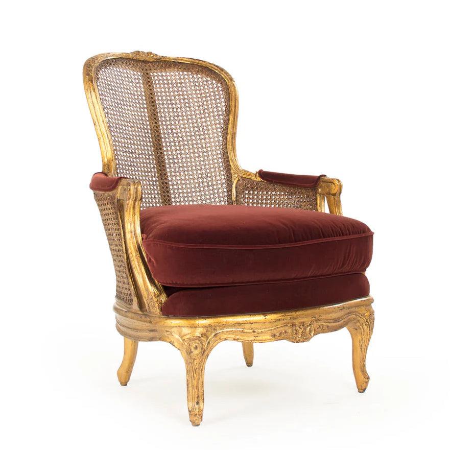 Luxurious French Gilded Cane Armchair with Red Velvet Cushion