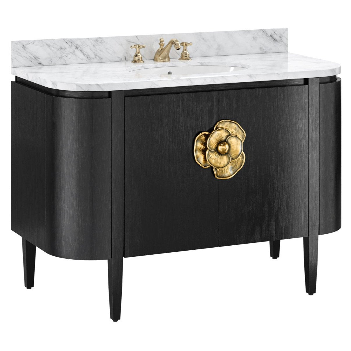 Brass Flower Black Marble Top Demilune Vanity