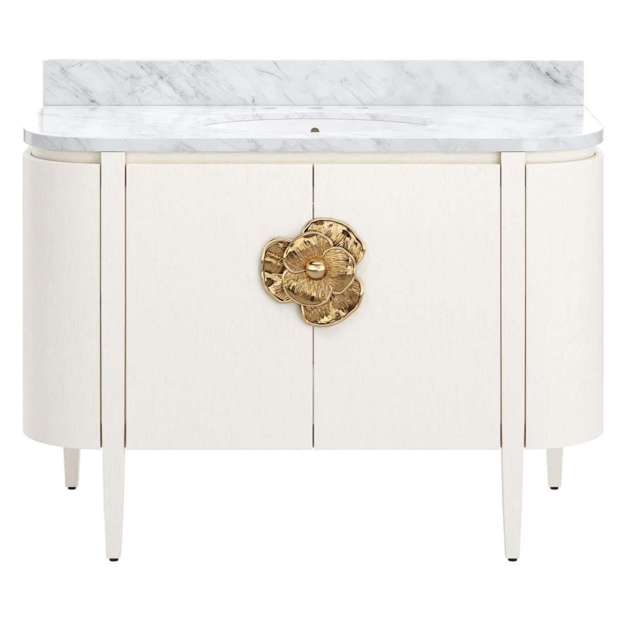 Brass Flower White Marble Top Demilune Vanity