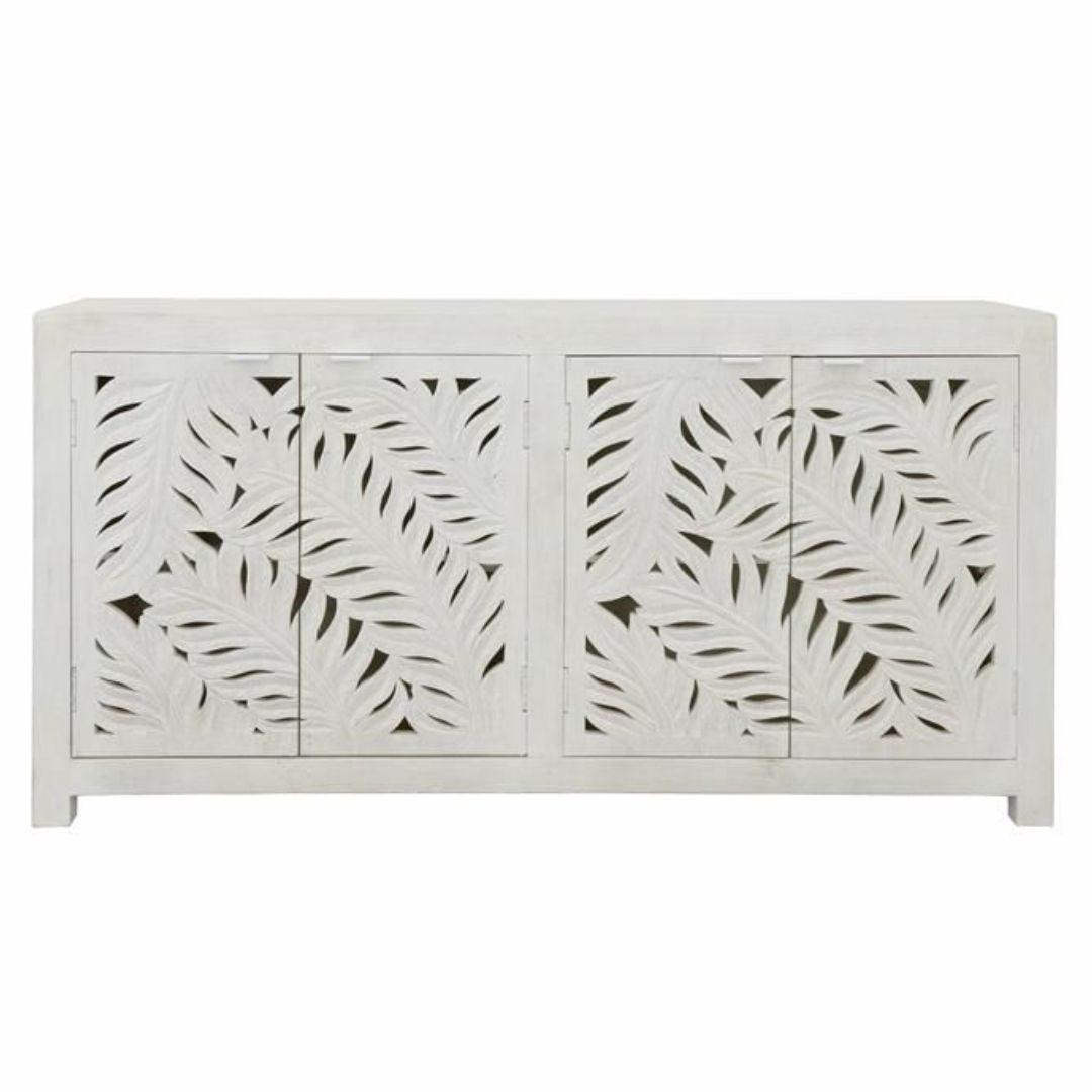 Elegant White Palm Carved Wooden Sideboard