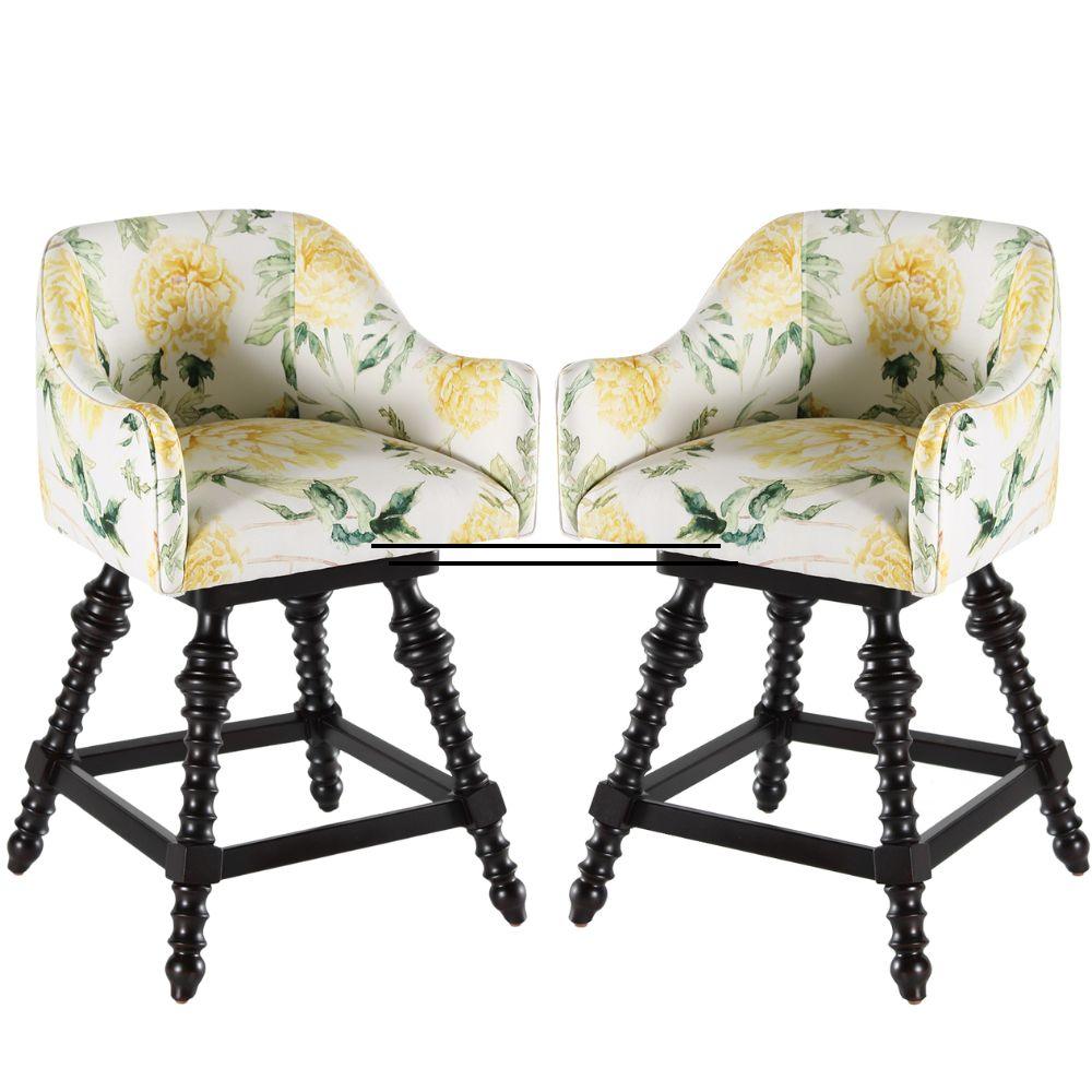 Yellow Floral Upholstered Swivel Stool